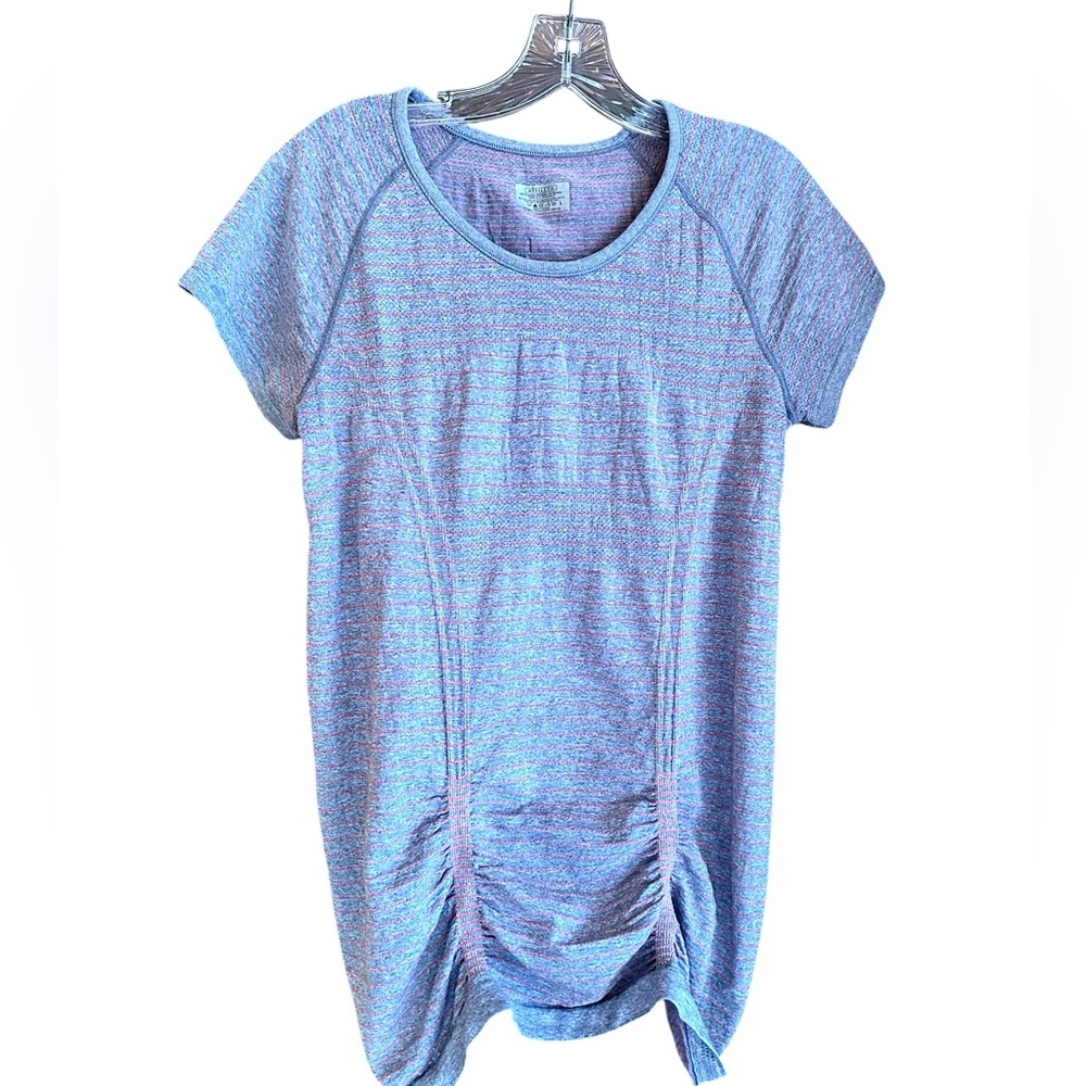 Athleta Fast Track Ruched Short Sleeve Gorpcore Top Gray Pink Striped Womens L